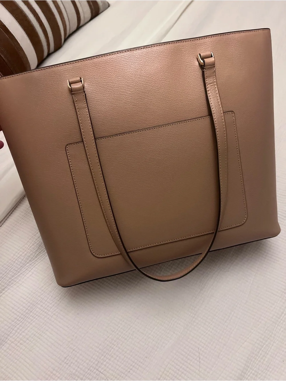 kate spade New York blush tan leather tote with gold logo